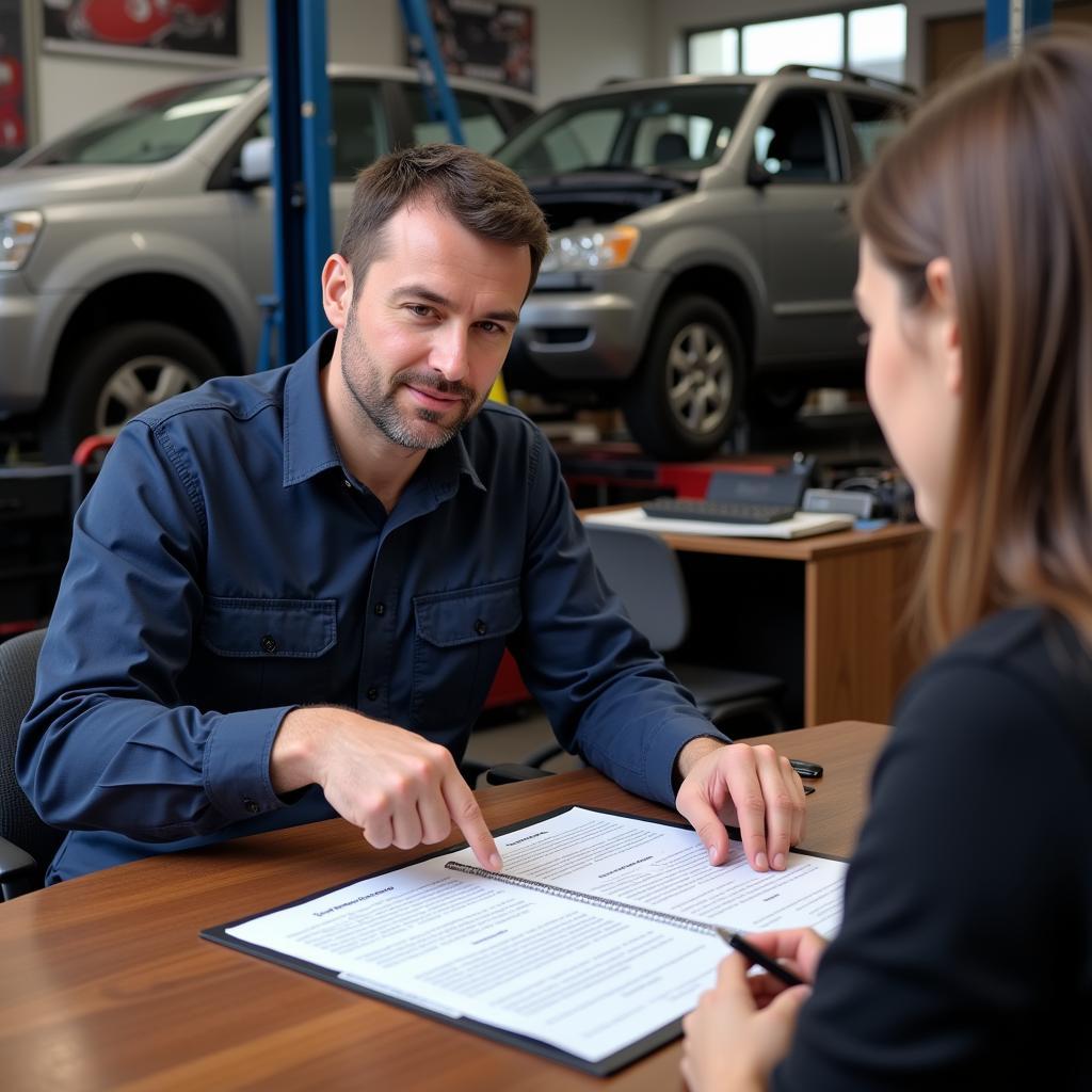 Mechanic explaining auto repair warranty contract to a customer