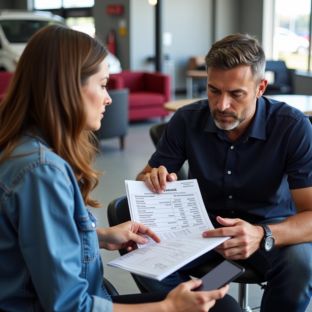 Auto Service Adviser Explaining Repair Estimate to Customer