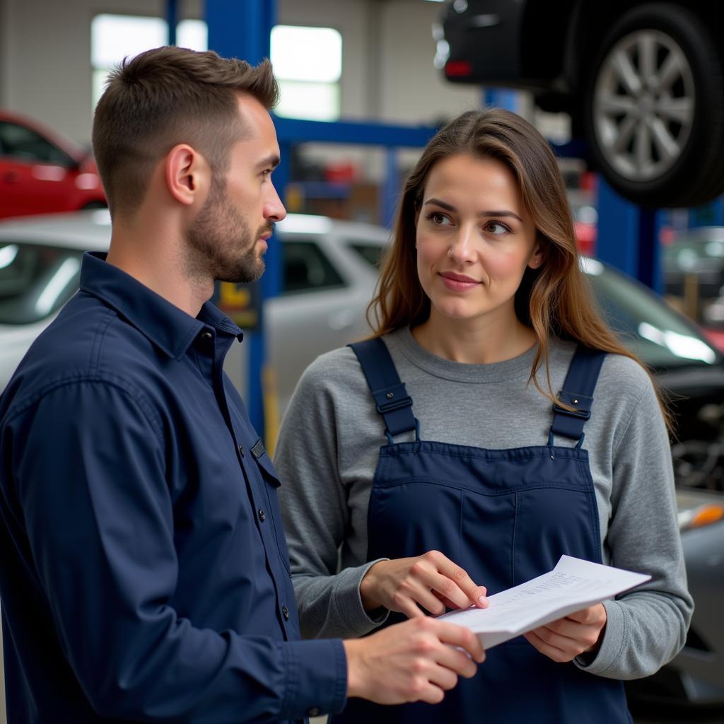 Auto Service Advisor Explaining Repair Details to a Mechanic