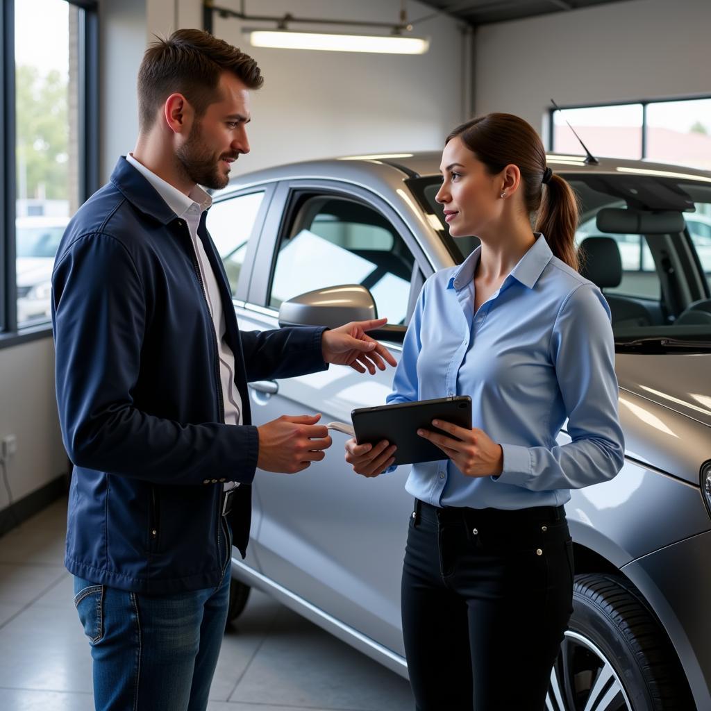 Auto Service Advisor Explaining Repairs to Customer