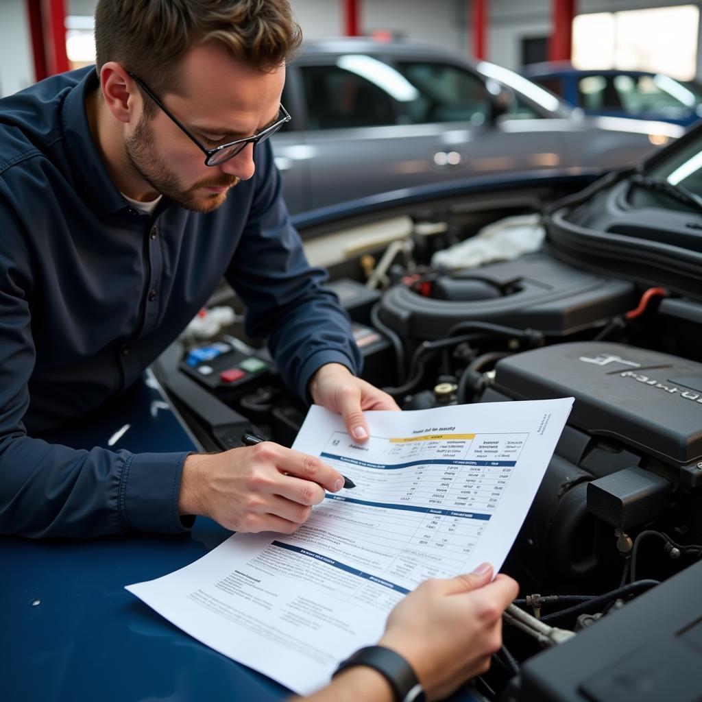 Auto service advisor reviewing service paperwork