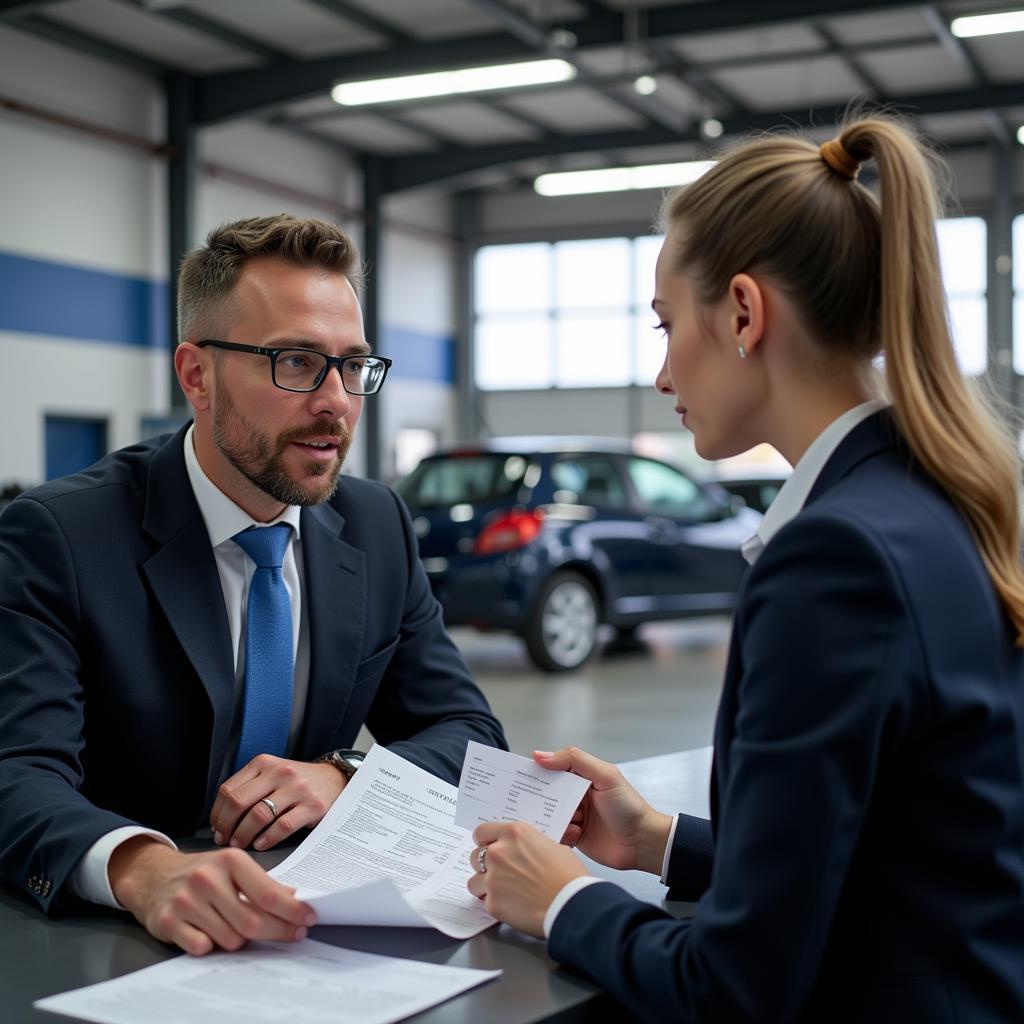 Auto Service Advisor Reviewing Work Order with Customer