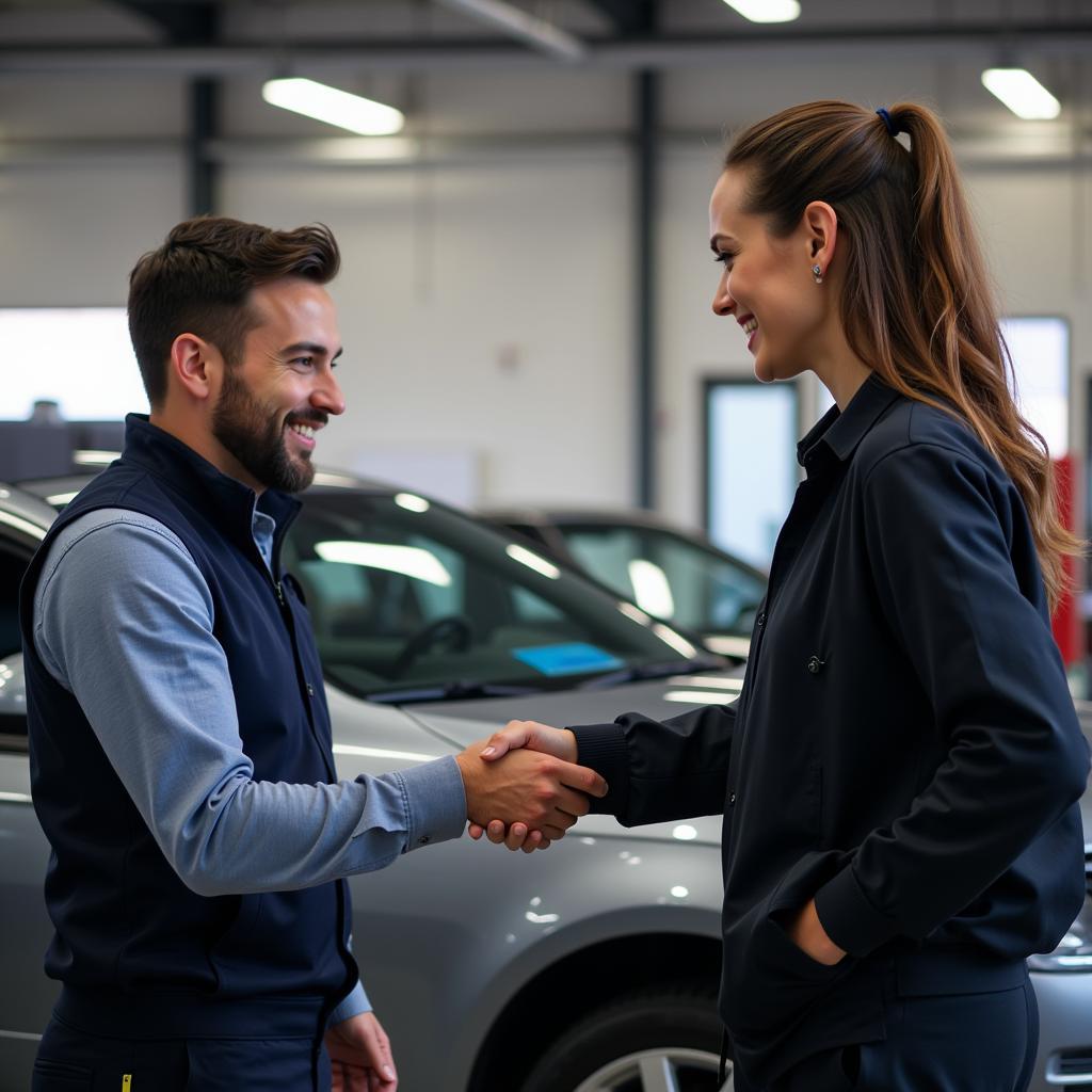 Auto service advisor shaking hands with a satisfied customer