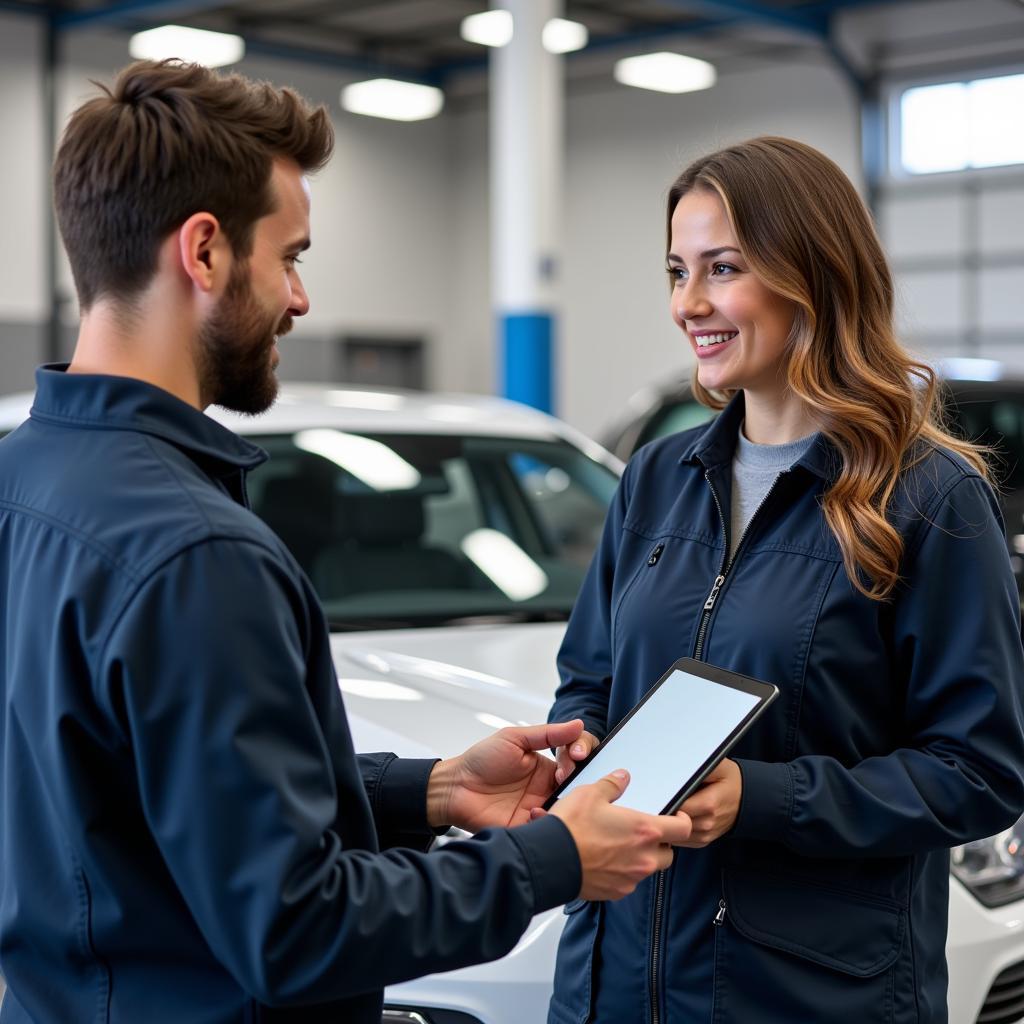 Auto service advisor discussing car repairs with a customer