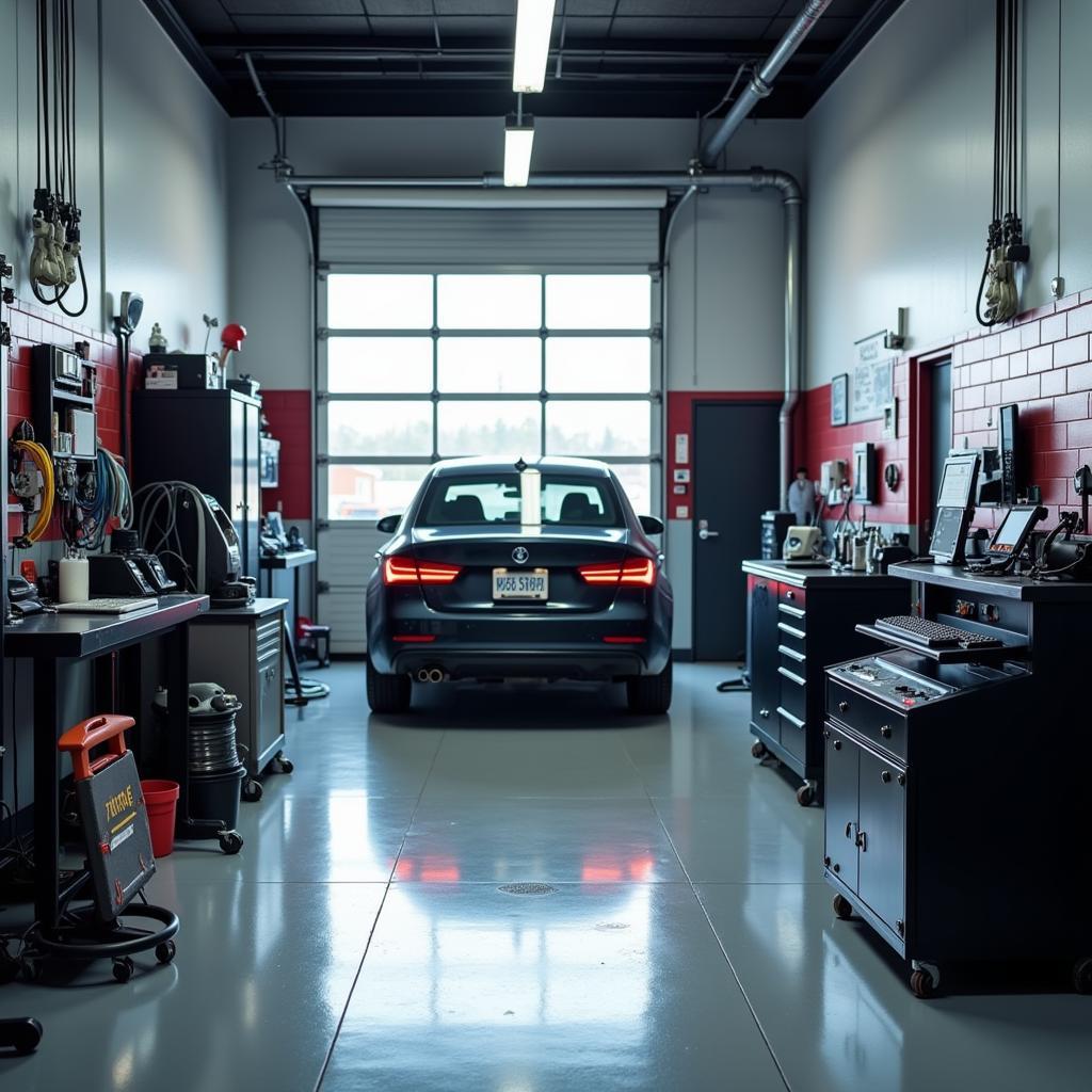 Modern diagnostic equipment and tools in a well-organized auto service agency.