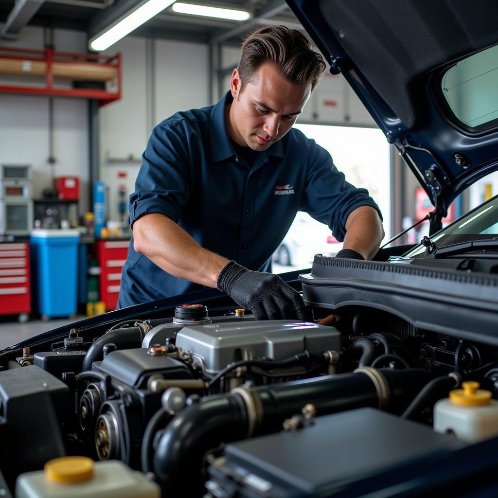 Mechanic working on a car in an Anchorage auto service shop