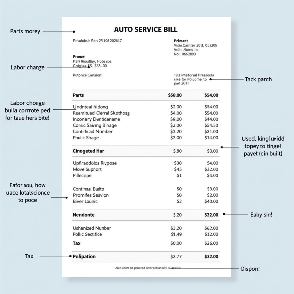 Example of a detailed auto service bill breakdown