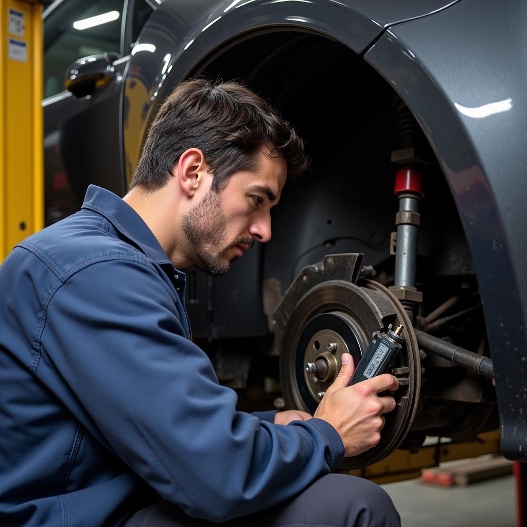 Brake inspection at an auto service center in Boone, NC