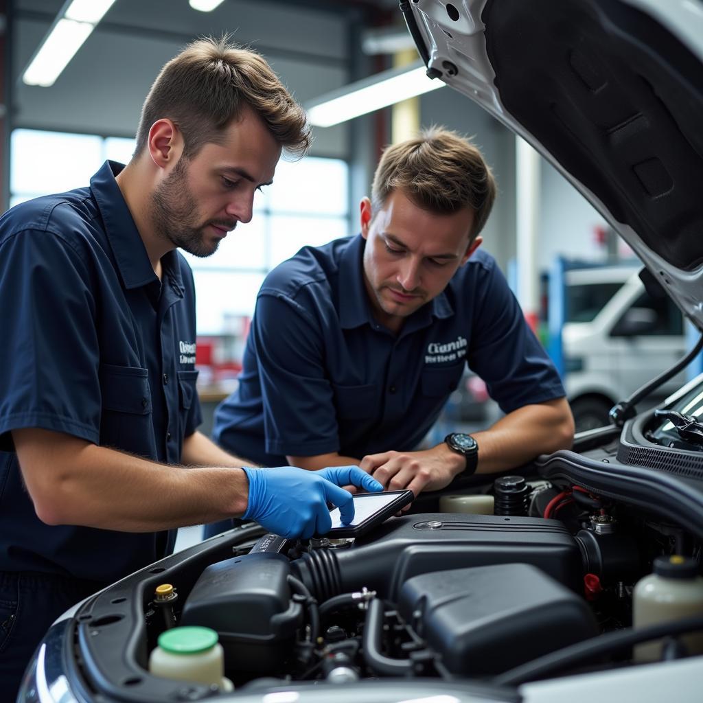 Certified Technicians Working on a Car in a Brantford Auto Service Garage