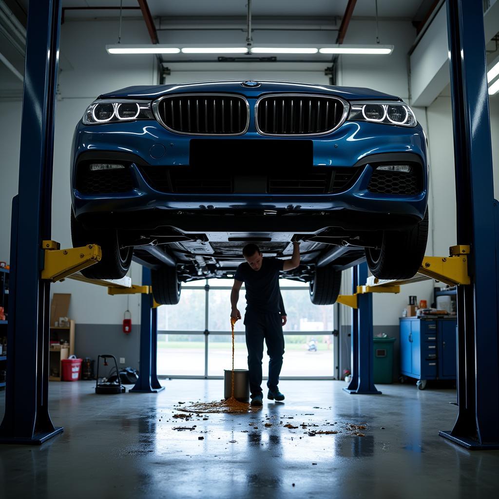 Oil change being performed in an auto service shop in Butler, KY