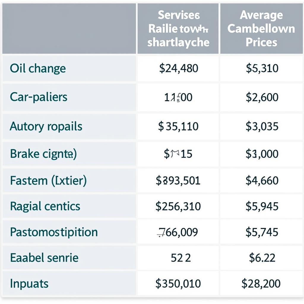 Auto Service Price Comparison Chart