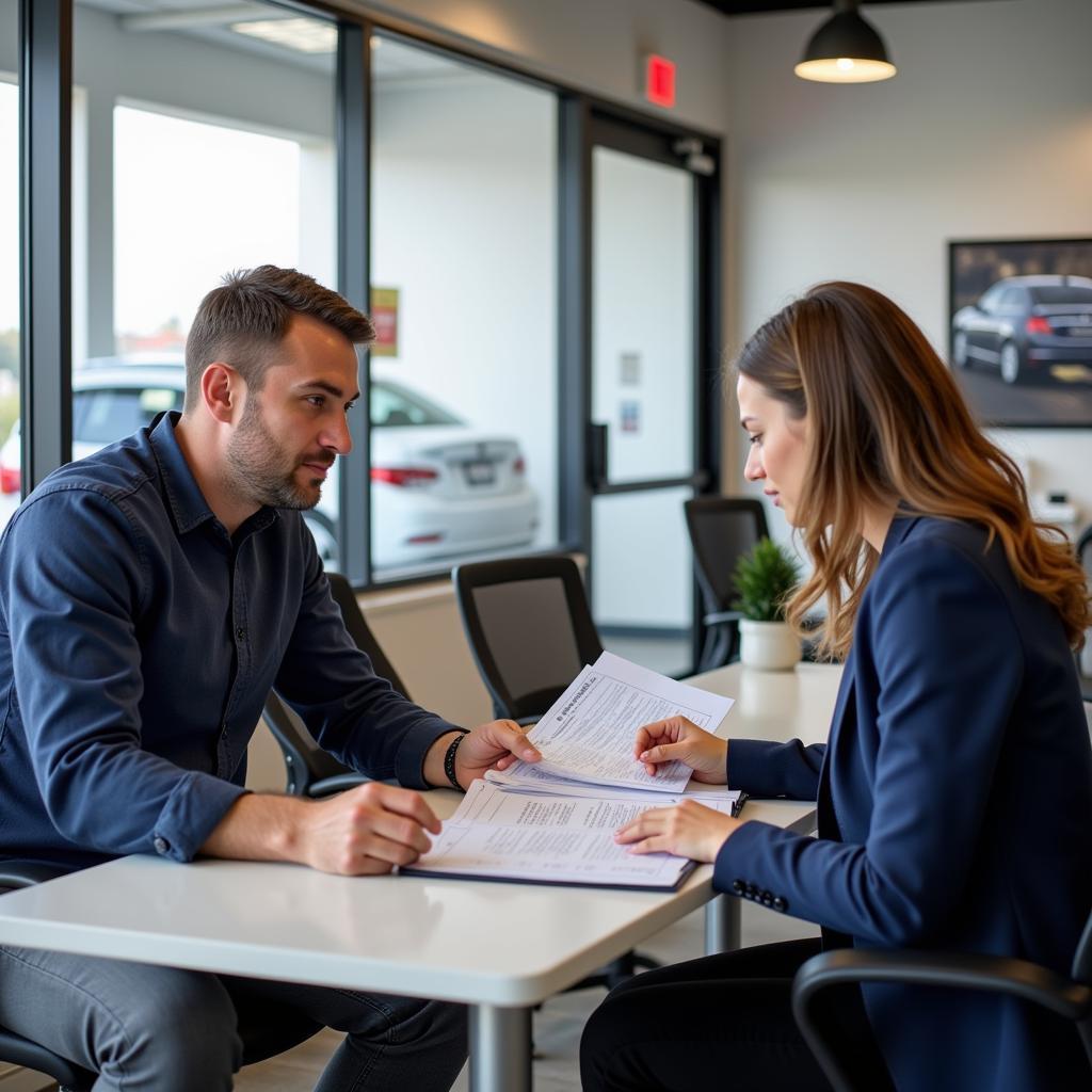 Customer filling out a loan application at an auto service center