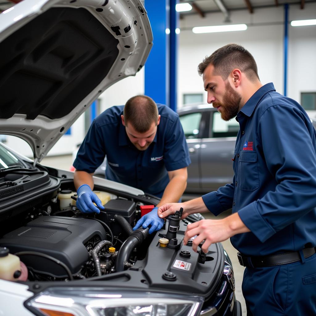 Certified Technicians Working on a Car in an Olive Branch Auto Service Center