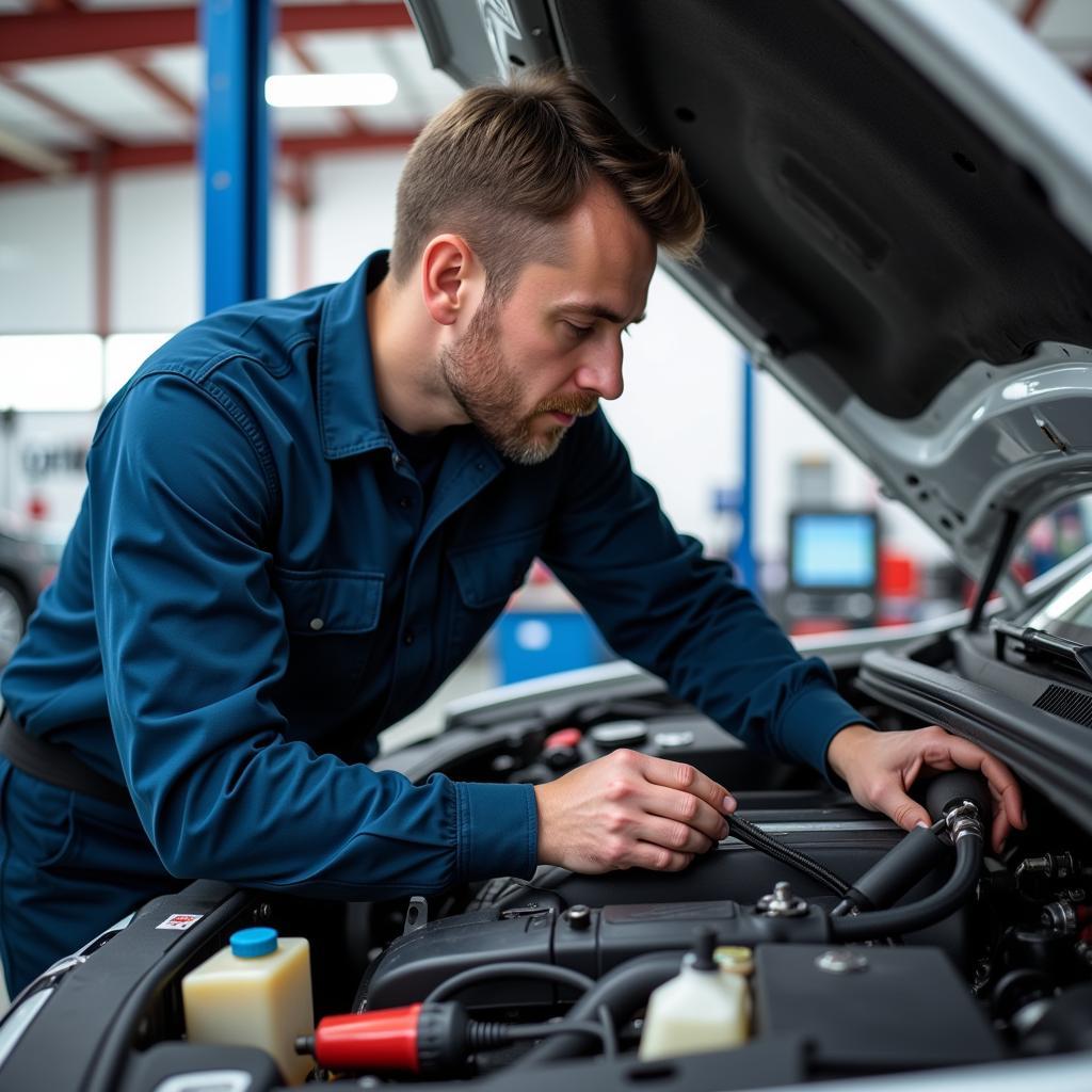 Mechanic working on a car in an auto service center in Olsztyn