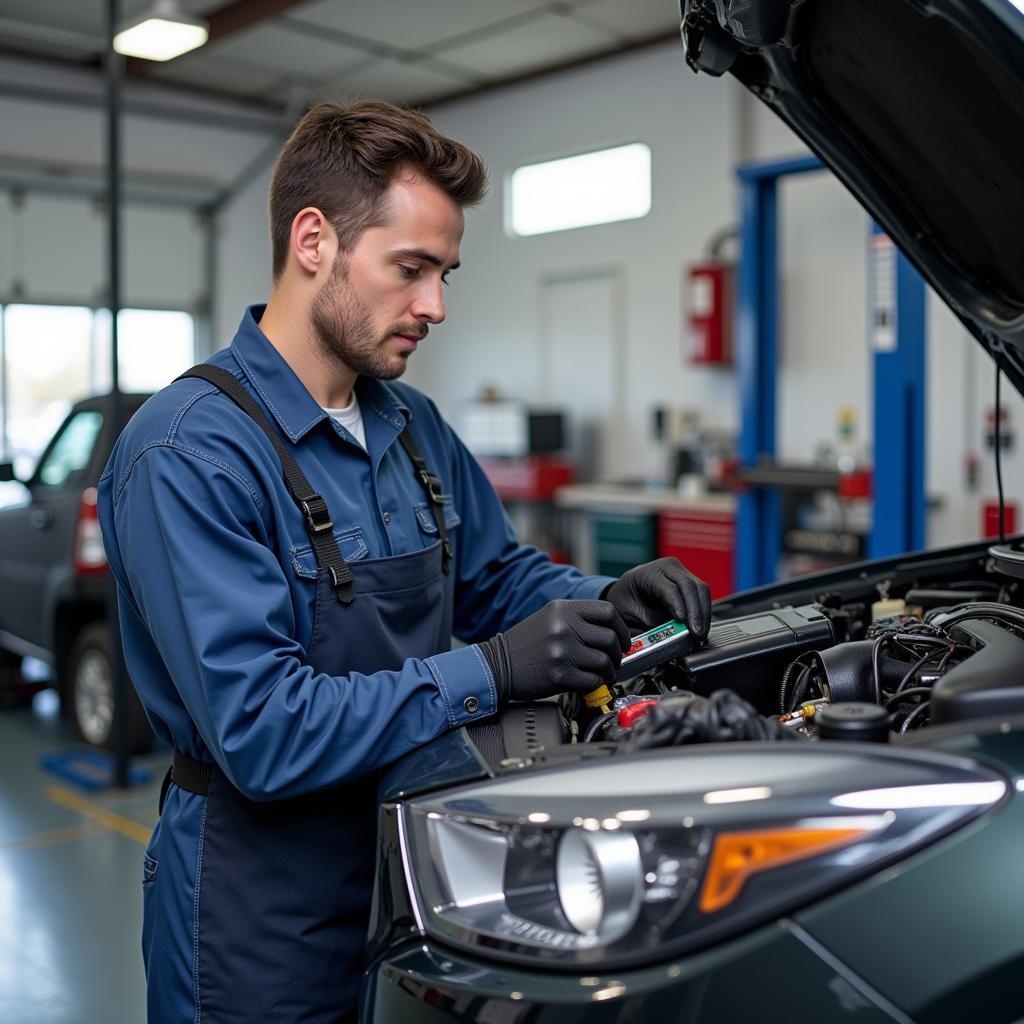 Mechanic Working on a Car in a Modern Repair Bay