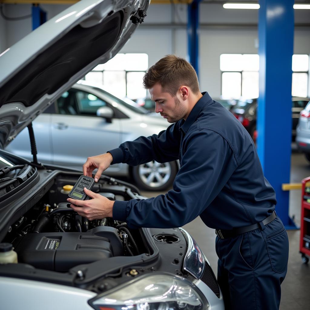 Mechanic inspecting a car in a Richmond auto service center