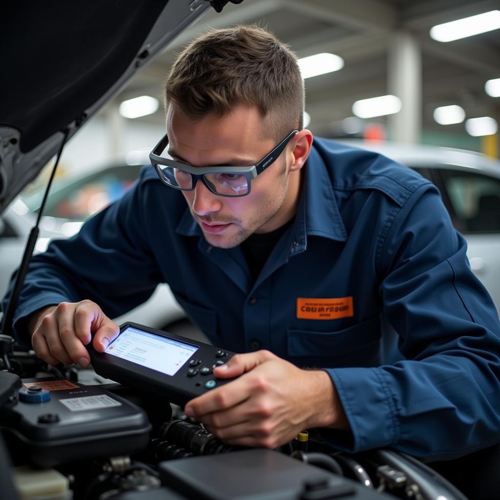 Experienced Auto Service Technician Performing Diagnostics