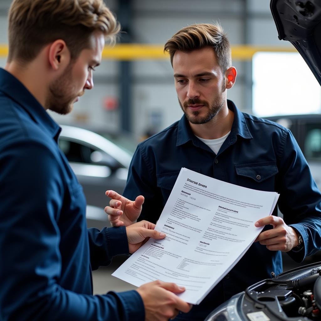 Auto Service Center Technician Explaining Repair Details