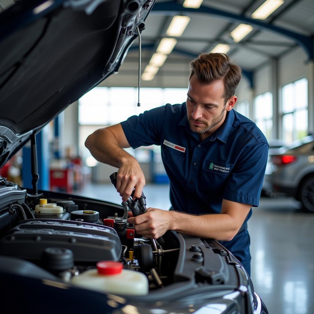 ASE Certified Technician Working on a Car Engine