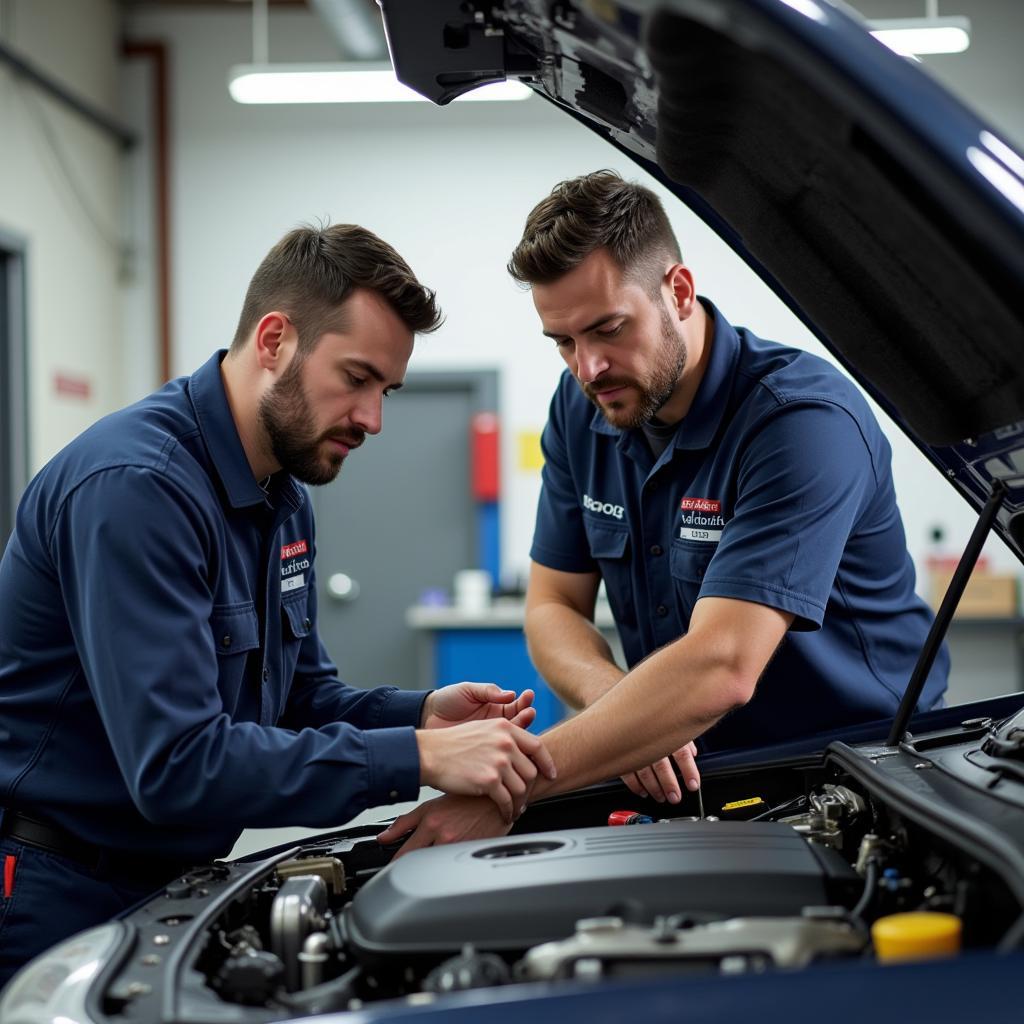 Auto Service Center Technicians Working on a Car