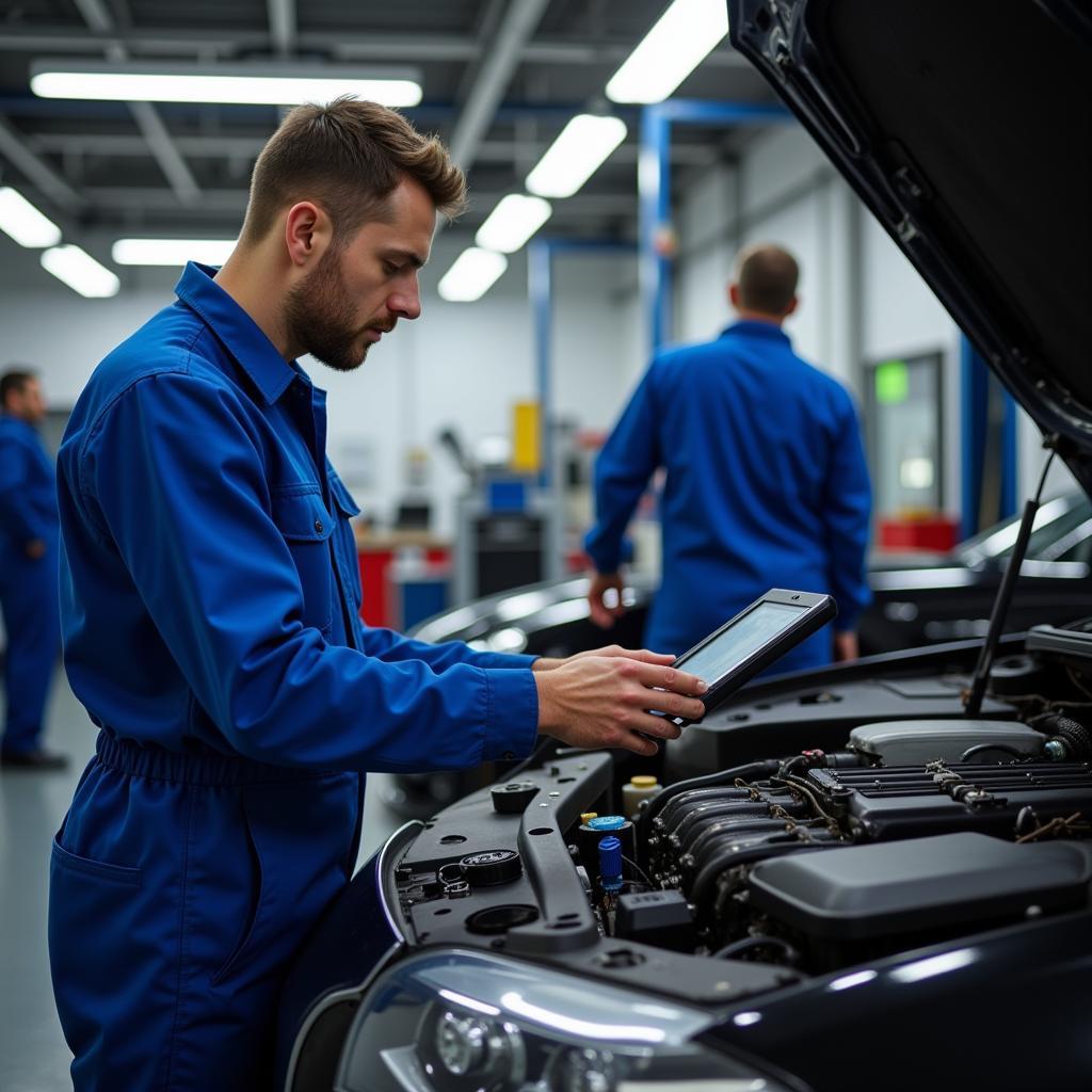 Mechanic working on a car in a Vienna auto service center