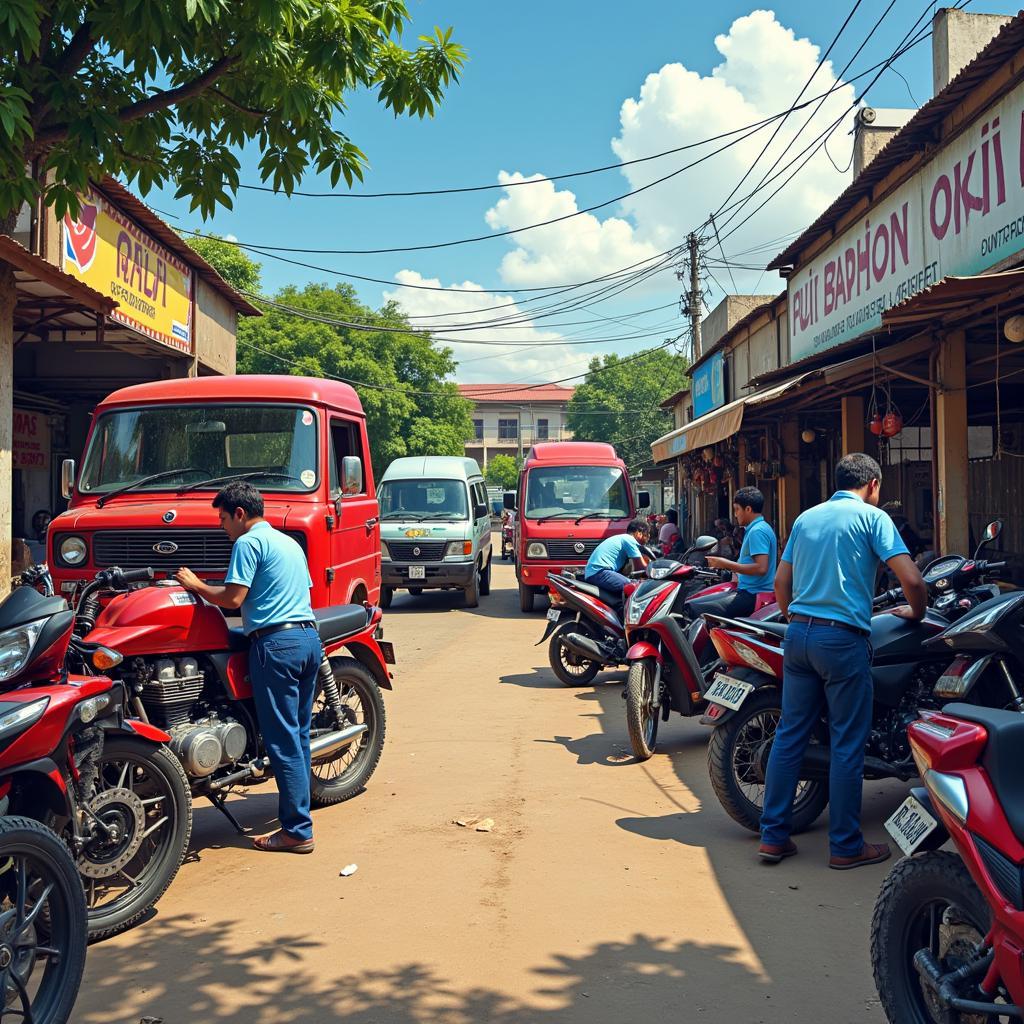 Auto service centers in India - A bustling scene of mechanics working on various vehicles, showcasing the high demand for auto services in the country.