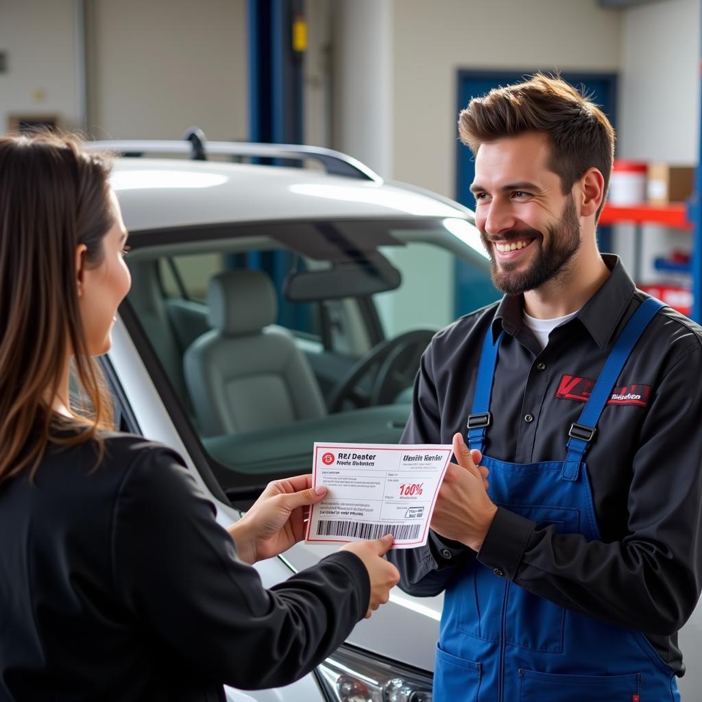 Mechanic handing a coupon to a car owner for savings on auto service