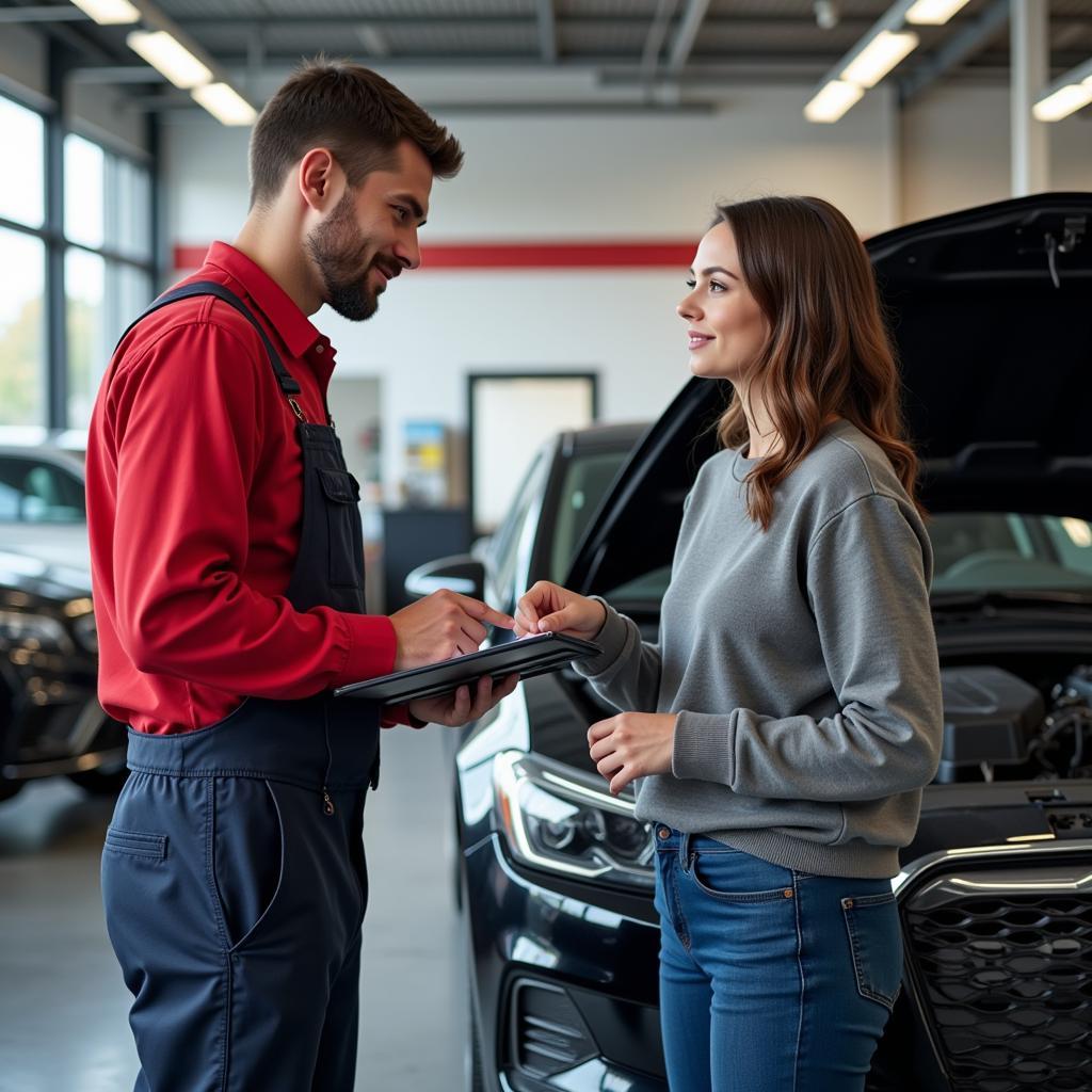 Customer discussing car repair with a mechanic