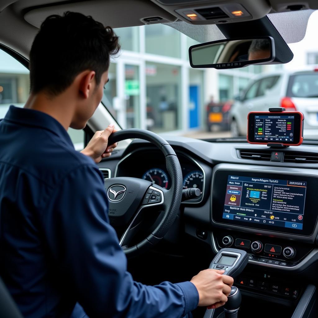 Technician performing a diagnostic scan on a car in Gangnam