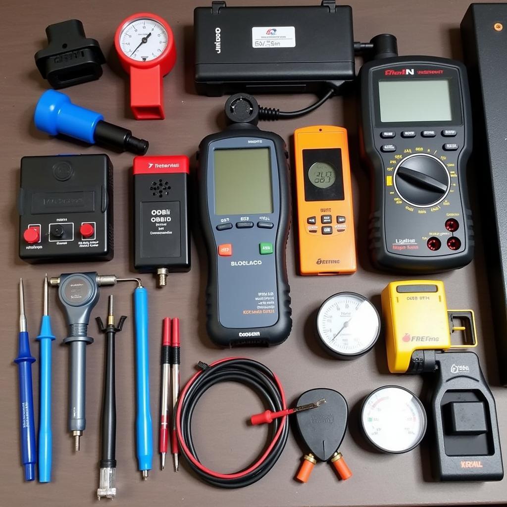 Various diagnostic tools used in an auto service shop.