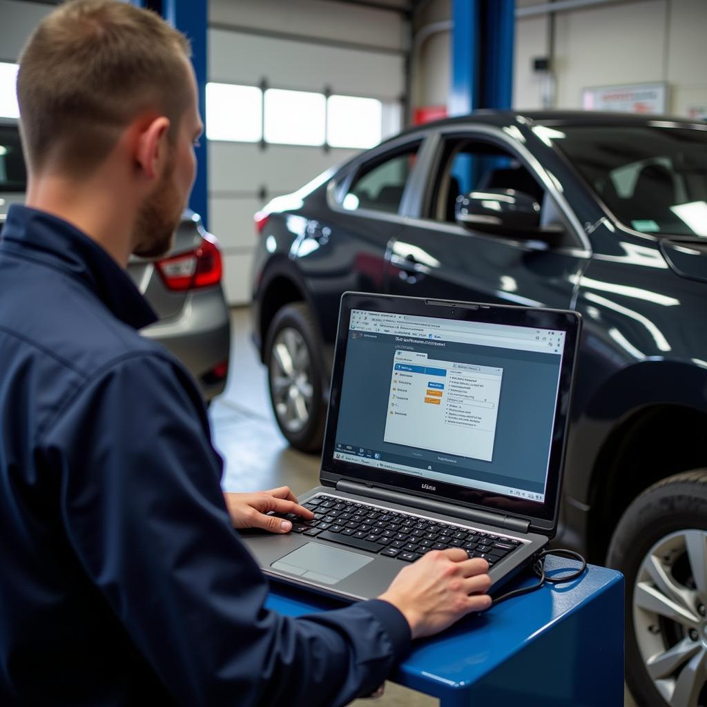 Mechanic using computer diagnostics in an auto service center in Warrington