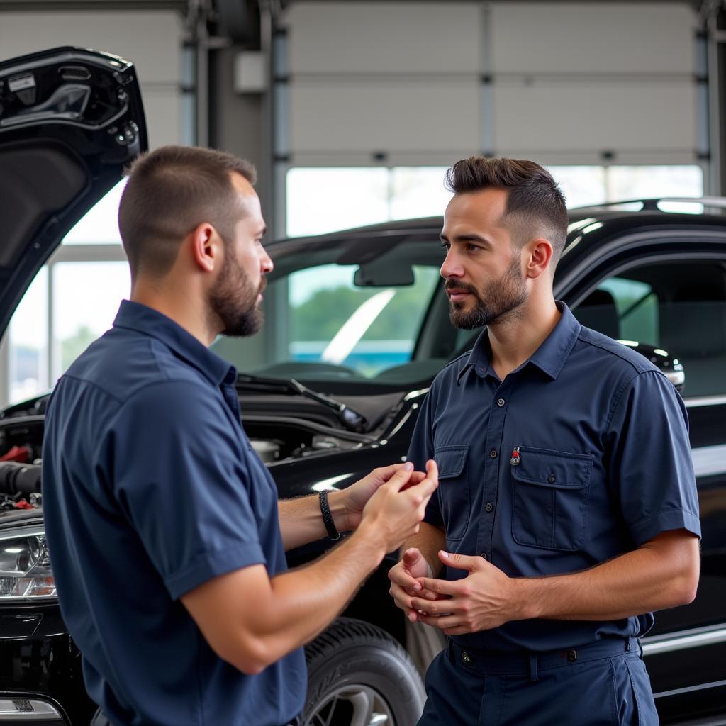 Customer Discussing Car Repair with Technician in Diaz Almelo