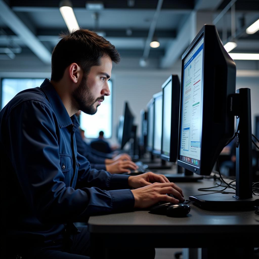 Technician taking auto service excellence certification exam