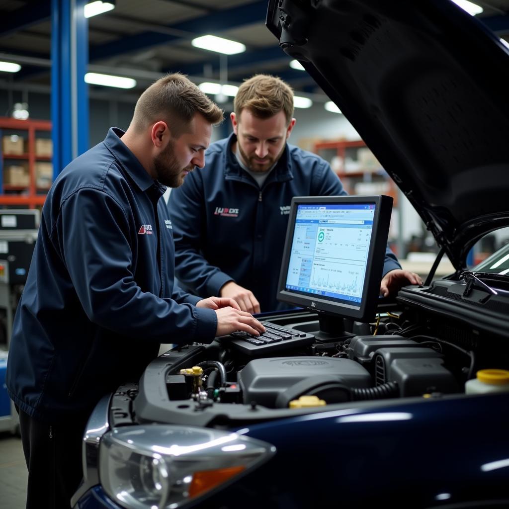 Auto Service Experts Diagnosing a Vehicle with Advanced Diagnostic Tools