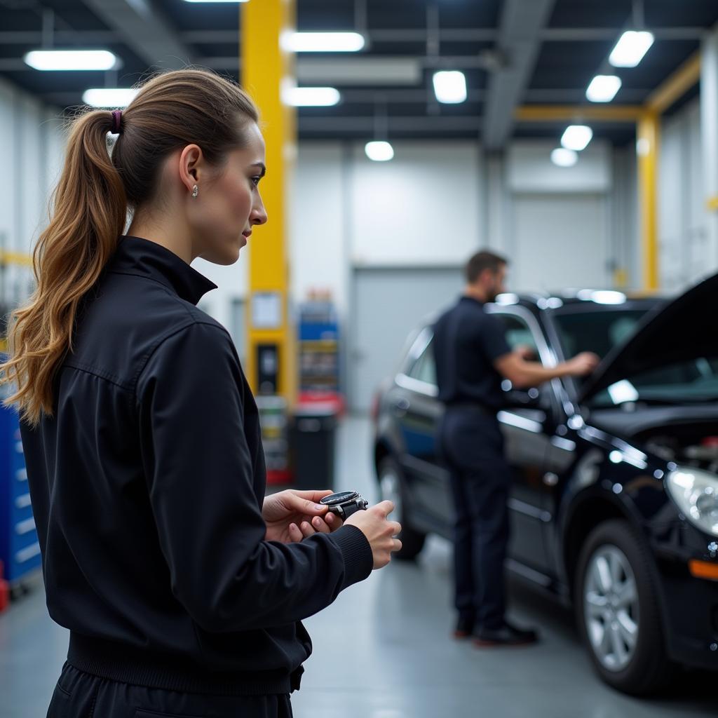 A person checking their watch while their car is being serviced in an express lane.