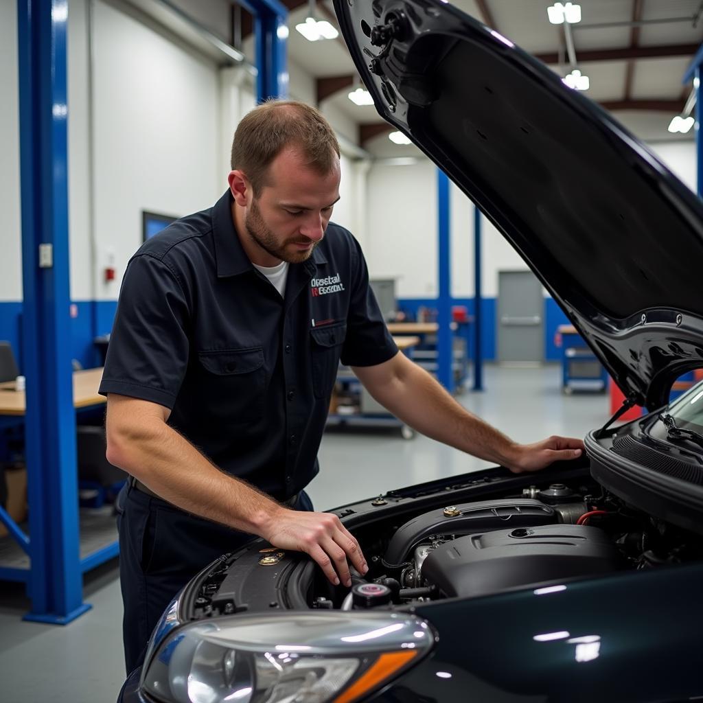 Auto Service Franchise Success: A mechanic working on a car in a brightly lit, modern auto service bay, wearing a branded uniform, with a satisfied customer looking on.