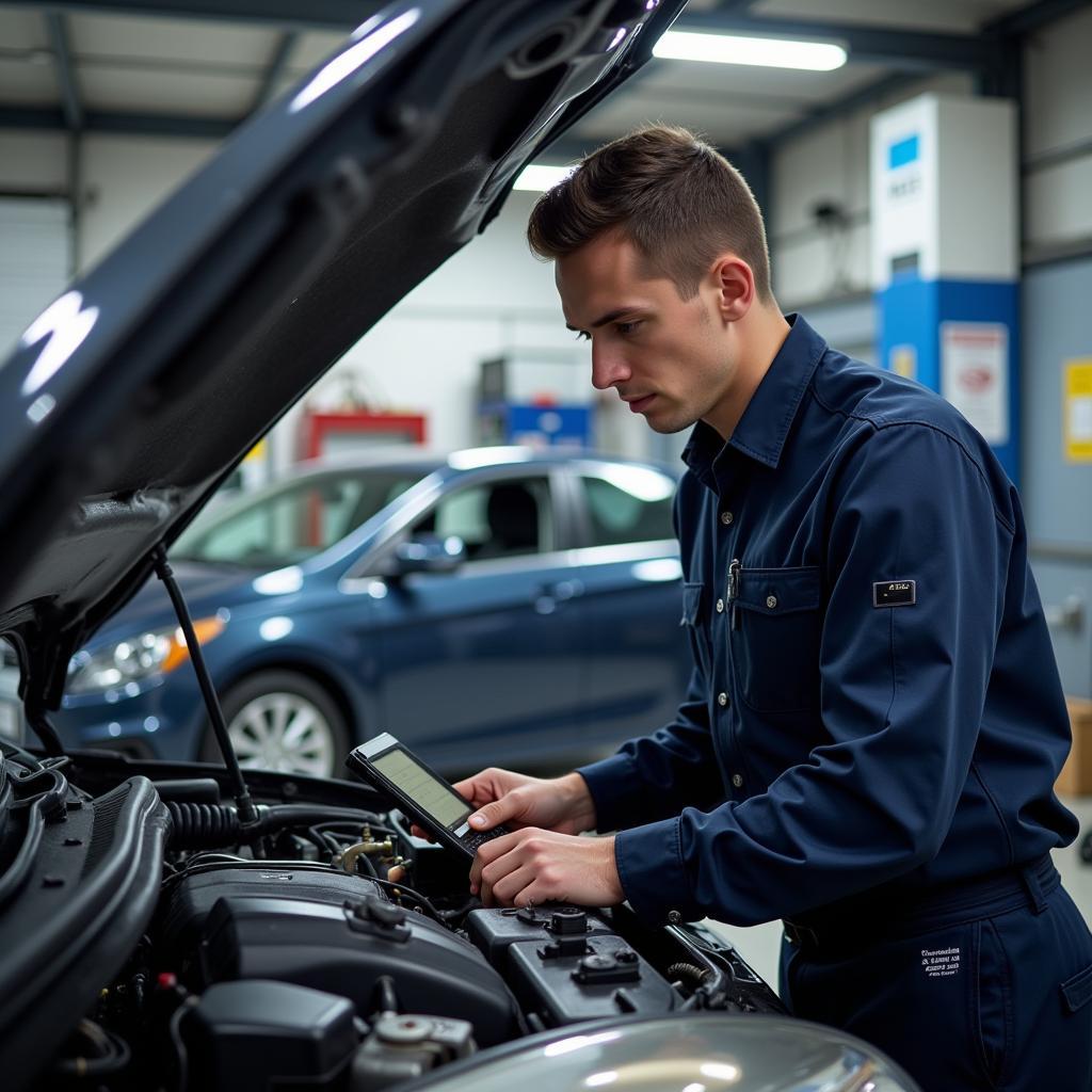 Mechanic inspecting a car in an auto service garage in Warrington