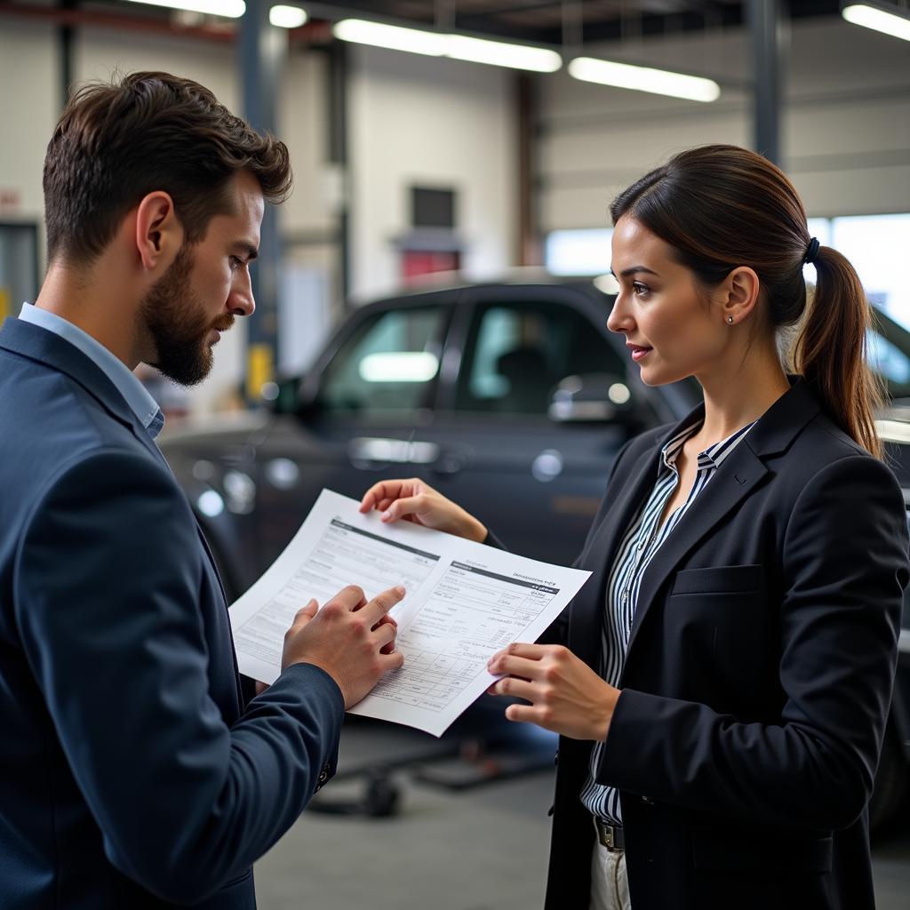 Customer discussing car repair with service advisor in Gresham