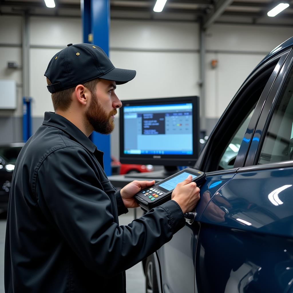 Mechanic performing engine diagnostics in a Hampshire auto service shop