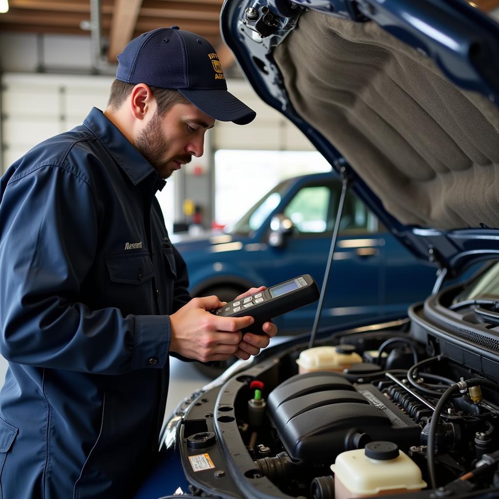 Car inspection at an auto service station in Hardwick, Vermont