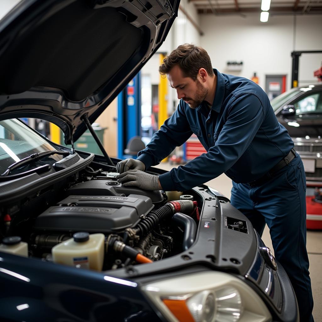 Experienced mechanic working on a car at an auto service station in Hardwick, Vermont