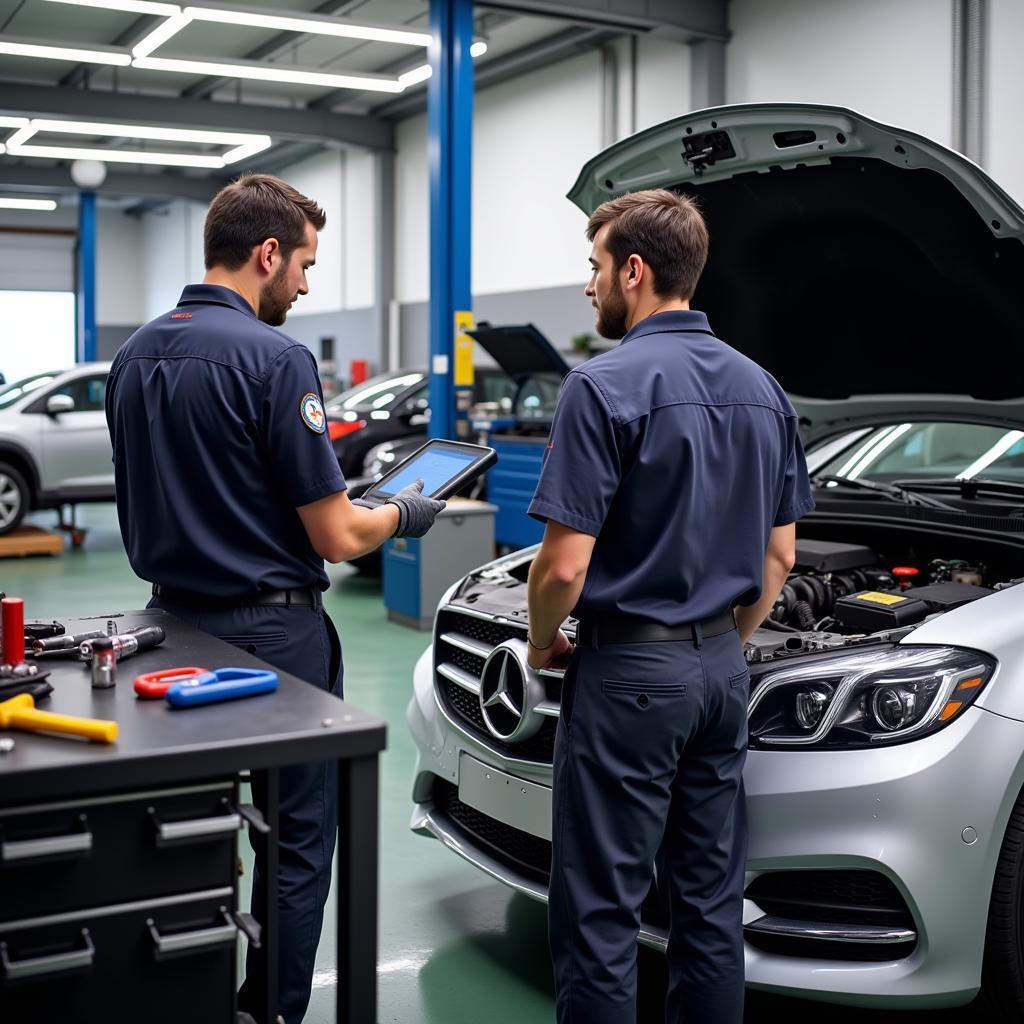 ASE Certified Technicians Working in a Clean and Organized Auto Shop