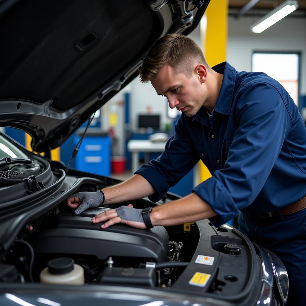 Mechanic working on a car in a St Malvern auto service garage