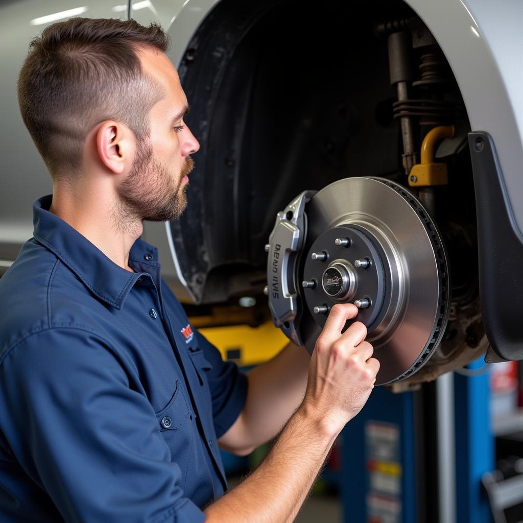 Mechanic inspecting brakes in Kula auto repair shop