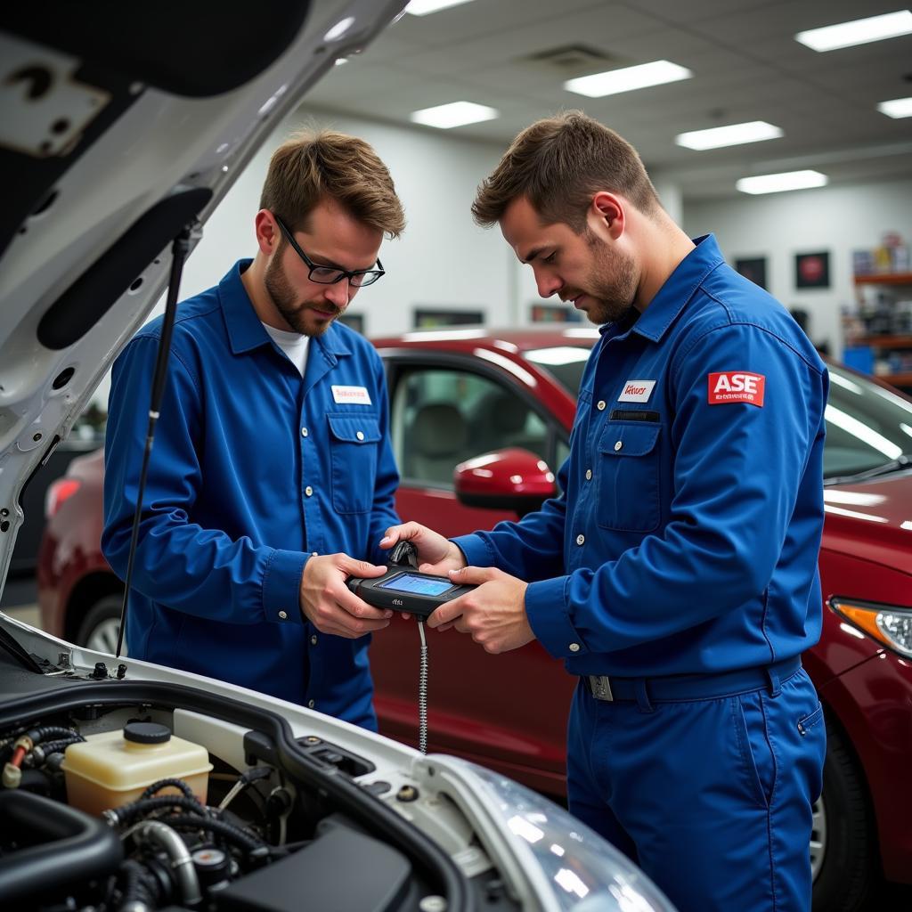 ASE Certified Technicians Working on a Car in Madera Auto Service Lab