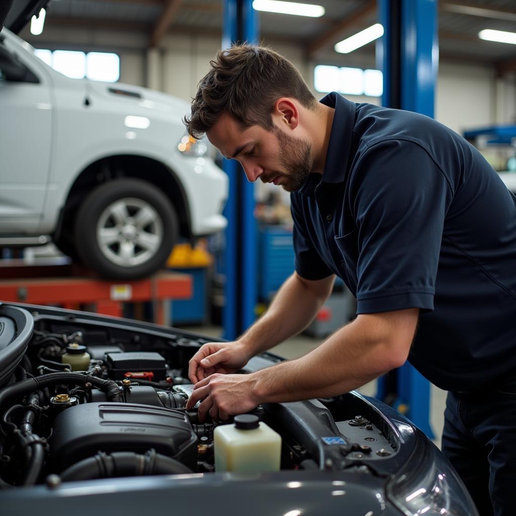 A mechanic performing preventative maintenance on a car