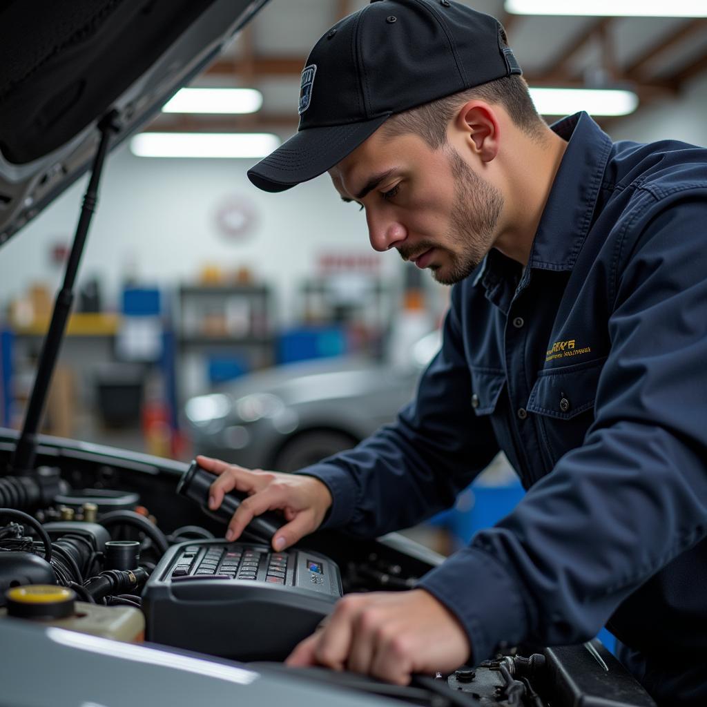 Mechanic Checking Car in Laurel Auto Service Shop