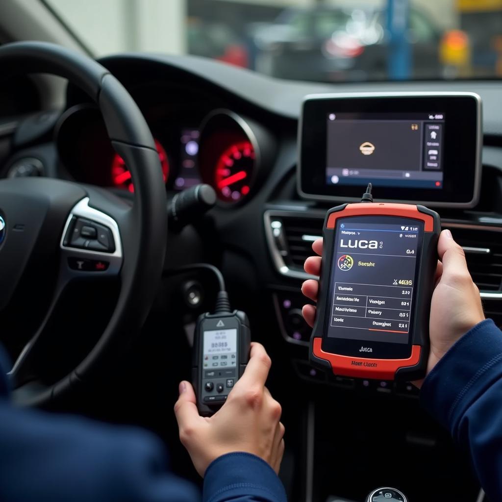 Mechanic Using Luca Diagnostic Tools on a Car