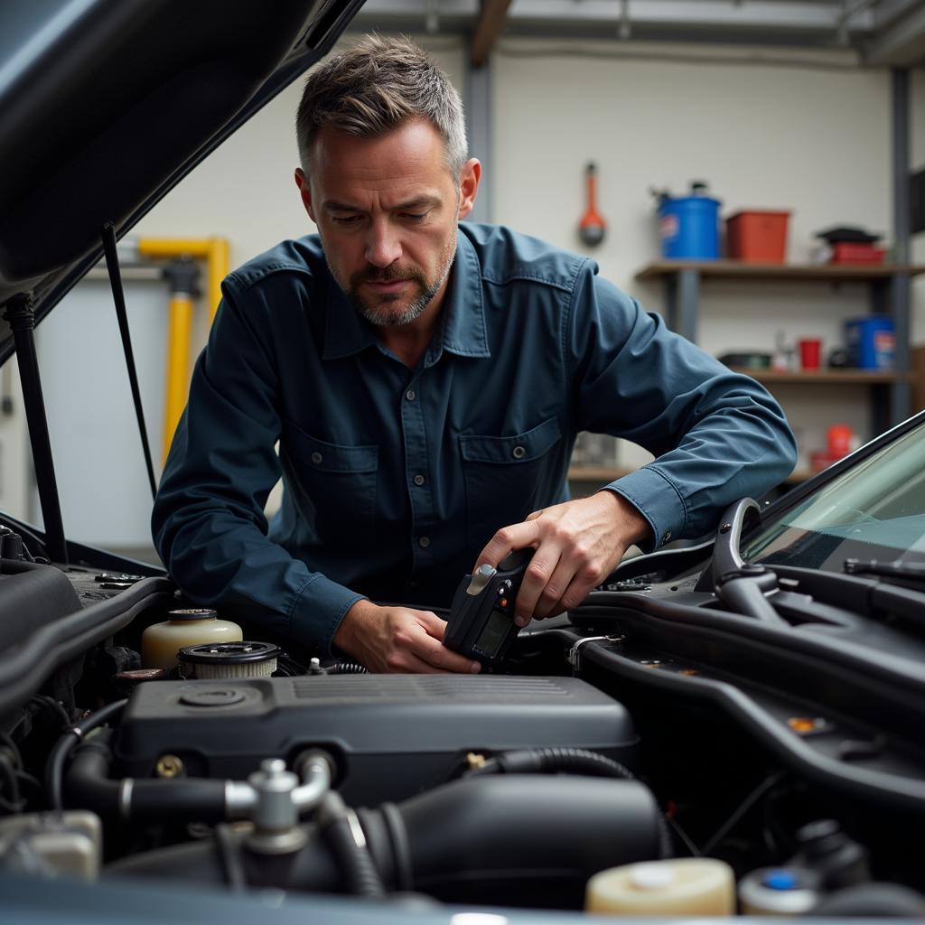 Experienced mechanic diagnosing a car problem in a Madera, CA auto shop