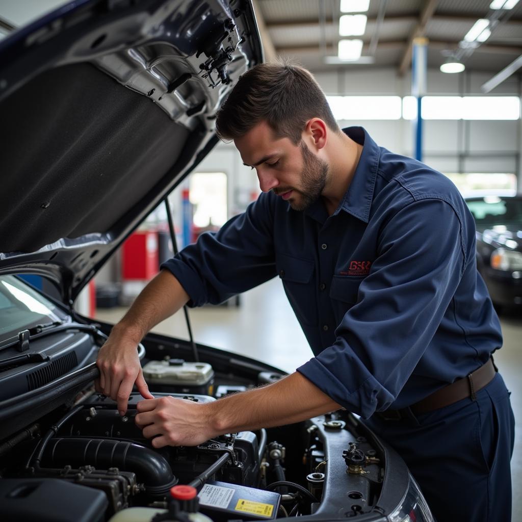 Mechanic working on a car in a Madison, AL auto service center